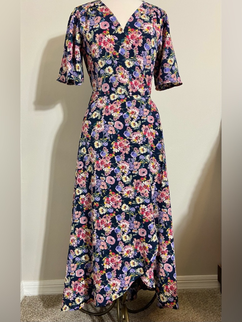 Bobeau Garden Party Floral Wrap Maxi Dress Navy Pink Purple S Small